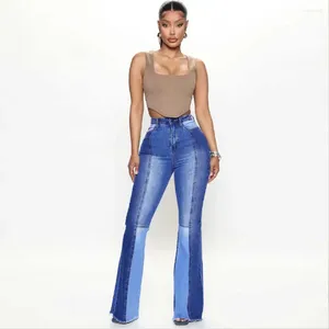 Dames jeans dames 2024 Europese en Amerikaanse explosieve elastische high-taille mode tweekleurige patchwork flare broek