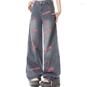 Jeans féminins Femmes 2024 Fashion High Street Straight Y2K Vêtements d'automne Barrel Design Pink Stars broder