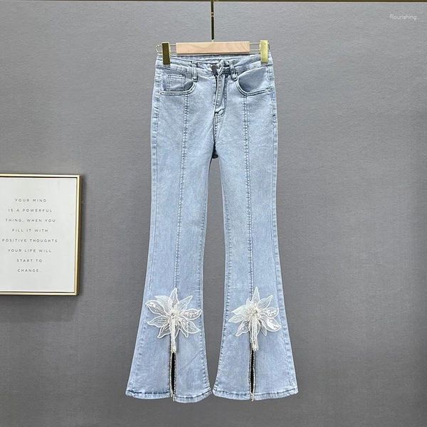Jeans pour femmes femmes 2024 printemps et été haute taille slim divisé pantalons diamants fleur denim filles skinny élastique jean