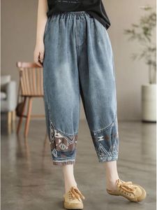 Jeans pour femmes femmes 2024 Summer Casual Slim-Type Pantalon-longueur Pantalons Ladies Retro Elastic Waist Imprimez pantalon en jean