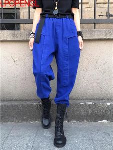 Jeans pour femmes en 2024 Spring Loose Vintage Cross-pantalons élastiques Taies Blue Denim Jean Pantalons HARAJUKU HAREM PANT