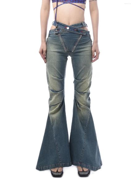 Jeans pour femmes 2024 Summer Y2k Street Fashion Spicy Girl personnalisé Cross Cross Hollow Out High Waist Denim Flare Pantal