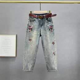 Jeans femme sarouel en Denim femme 2023 printemps été mode taille haute Jean ample brodé strass recadrée