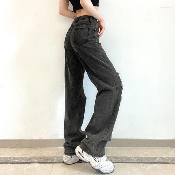 Jeans pour femmes Trou en vrac pour femmes larges hautes hautes taille sexy stretch pantalon streetwear pantalon vintage pour vêtements de fille