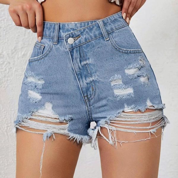 Jean pour femmes shorts en strass de femmes au milieu de la taille déchirée des ourlets effilochés