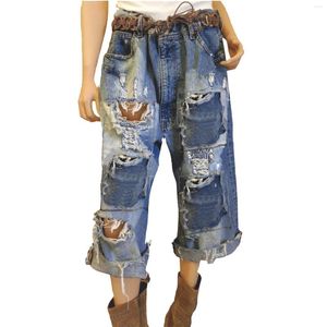 Jeans femme déchiré gland jambe large Western Vintage ample en lambeaux recadrée Jag cordons Jean Leggings avec poches