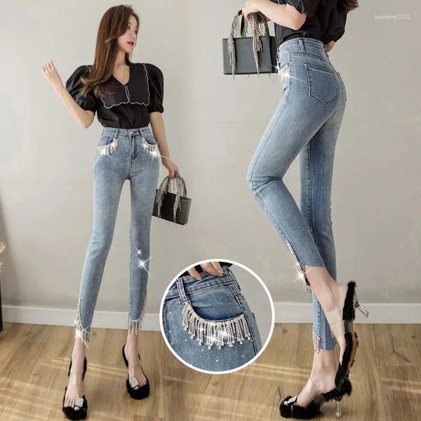 Jeans pour femmes imitation serrée d'été pour femmes mince pantalon pantalon dames poche fitness pantalon denim g76