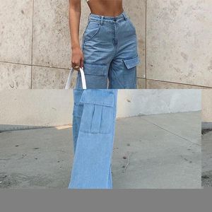 Dames Jeans Dames 90s Y2k Patchwork Wide Leg Mom Big Pocket Cargo Pants Vintage Mopping Casual Streetwear Denim