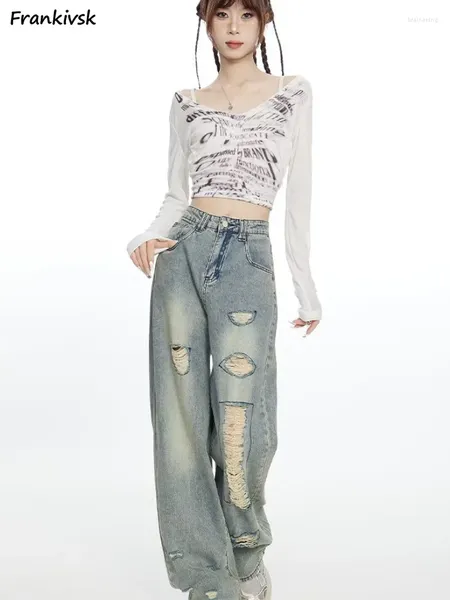 Jeans pour femmes femmes tout-correspondant Chic High Street Korean Style Full Longueur Vintage Washed Hole Denim Hollow Out Breathable Summer