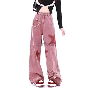 Jeans para mujer Mujeres American Retro Jeans Star Raw Edge Empalme Suelto Pierna ancha Slim Trendy Fregar Pantalones Y2K 24328