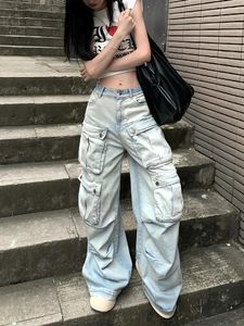 Jeans pour femmes Femmes American Vintage Y2K Cyber Punk Kpop Multi-Pocket Low Rise Cargo Denim Pantalon Baggy Grunge 2000s Gyaru Dark Academia