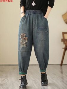 Jeans pour femmes Femmes Automne Vintage Lavé Trou Élastique Denim Longueur Cheville Taille Streetwear Poches Lâche Sarouel