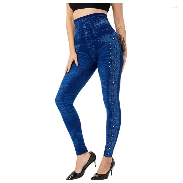 Jeans pour femmes Femmes Perle Haute Élasticité Pantalon Slim 2023 Mode Casual Imitation Cowboy Leggings Femme Pantalones Vêtements Africains