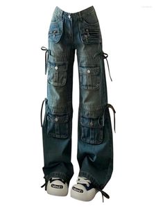 Jeans Femme Style BF Y2k Streetwear Harajuku Baggy Multi-Pocket Blue Denim Cargo Pants Taille Basse Jambe Large Années 2000 Esthétique Kpop