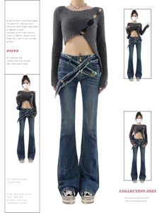 Jeans para mujer Mujeres Blue Flare 2000s Y2K Retro Estético Denim Pantalones Vintage Harajuku Cintura alta Pierna ancha Vaquero con cinturón Ropa