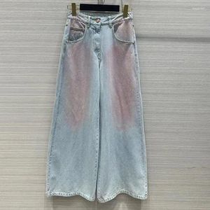 Damesjeans Dames Blauw Roze Gradiënt Wijde Pijpen Denim Broek Runway Hoge Taille Diamanten Knopen Rechte Broek Mode Streetwear