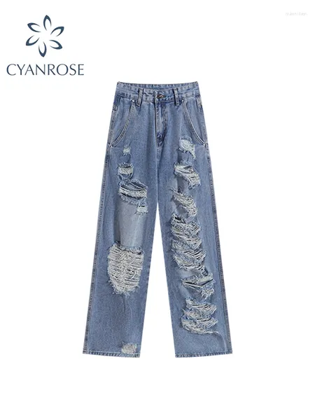 Jeans pour femmes femmes Blue Ripped Baggy High Waist Denim Pantmand Vintage Fashion Y2K Corée et Pantalon Loose Loose Loose Pantalon