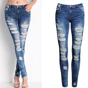 Jeans pour femmes femmes bleu mince déchiré pour maigre en détresse lavé stretch denim maman taille haute pantalon femme blanchi