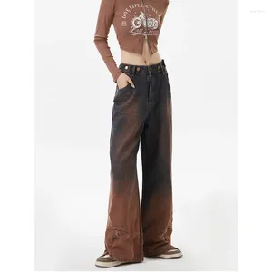 Jeans pour femmes Femmes Brown Couleurs contrastées Vintage American Wide Leg Pantalon Mode Y2K Style Droit Hiver Femme Denim Pantalon