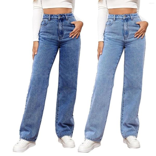 Jeans femme bouton haut pantalon poche taille élastique pantalon Denim trou ample décontracté taille 16