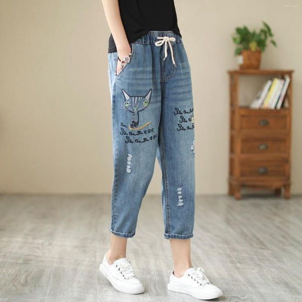 Jeans da donna Pantaloni da taglio elastici a vita alta con ricamo letterario comodo casual da donna