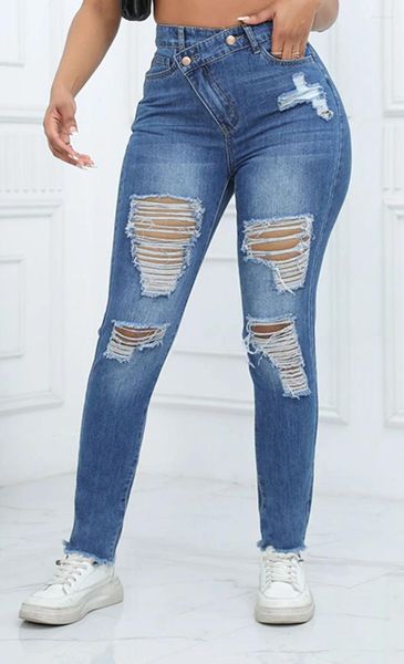 Jeans pour femmes Femmes Casual Hiphop Slim Ripped Genou Trous En détresse Vintage Gland Blanchi Taille Haute Élastique Fit Femelle
