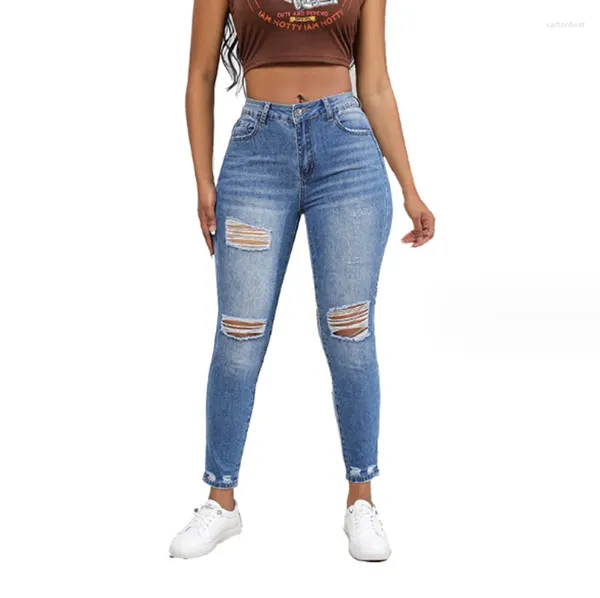 Jeans pour femmes Femmes Casual Slim Ripped Genou Trous En détresse Vintage Rayé Blanchi Taille Haute Élastique Fit Femme Pantalon 82Y25