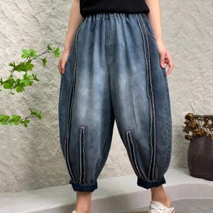 Jeans pour femmes Femmes de style ethnique décontracté et lavé littéraire simple capri pantalon