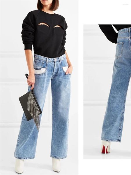 Jeans para mujer Mujeres Contraste Color Luz Azul Bolsillo Etiqueta Pantalones 2024 Otoño Alta Cintura Damas Recta Vintage Suelta