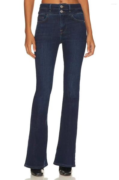 Jeans pour femmes Femmes Bleu Foncé Taille Haute Double Boutons 2024 Printemps Femelle Denim Pantalon Long Évasé