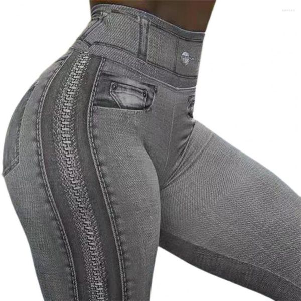 Jeans pour femmes femmes poches décoratives maigre Imitation Leggings hanche levage fermeture éclair impression taille haute pantalon élastique pour le sport