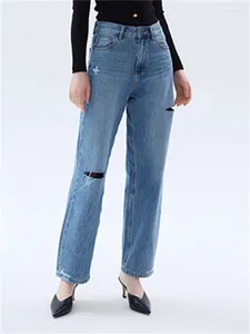 Jeans de femmes femmes denim pantacourt trou confortable lâche droite stretch mode 2024 printemps femme