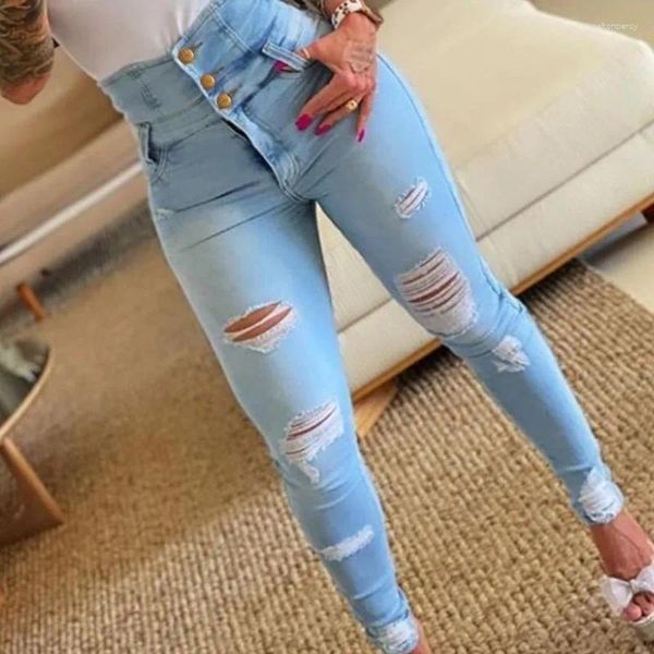 Jeans pour femmes Femmes en détresse Denim Crayon Pantalon Lavage Slim Fit Poches Streetwear Trous Printemps Bouton Plat Légère Strech