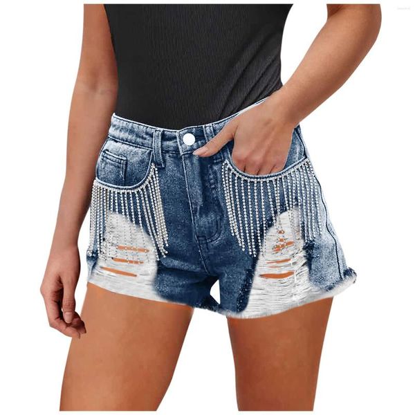 Jeans pour femmes Short en jean en détresse pour femme Strass Fringe Mid Jean Ourlet effiloché Summer Short Baggy Pants