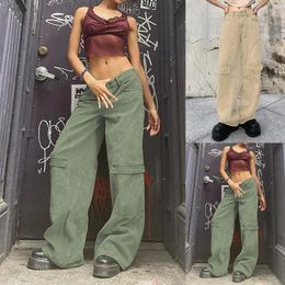 Jeans pour femmes femmes en détresse rétro vert poches lâches pantalon drapé décontracté jambe droite pantalon large.