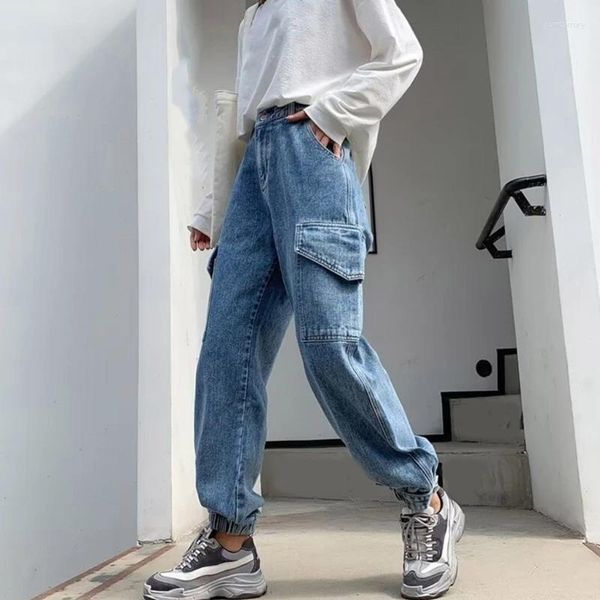 Jeans pour femmes femmes élastiques hautes taies de taille pantalon de cargaison avec poches de rabat de jogging de bouton solide lâche décontracté pantalon droit