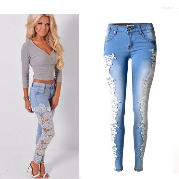 Jeans pour femmes Fashion Fashion Denim Skinny Hollow Out Lace Stitching Mid-Waist Colls Sky Blue Pantalable Strongable Longue