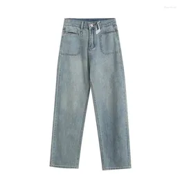 Jeans pour femmes mode femme double poche lavée à la jambe large étroite bouton vintage tout-correspondant décontracté chic pantalon denim féminin mujer