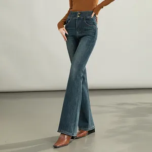 Jeans para mujer Mujeres Moda Flare Denim Otoño Primavera Cintura alta Bordado Retro Vintage Pantalones acampanados Marca Espesar S a 5XL 8062