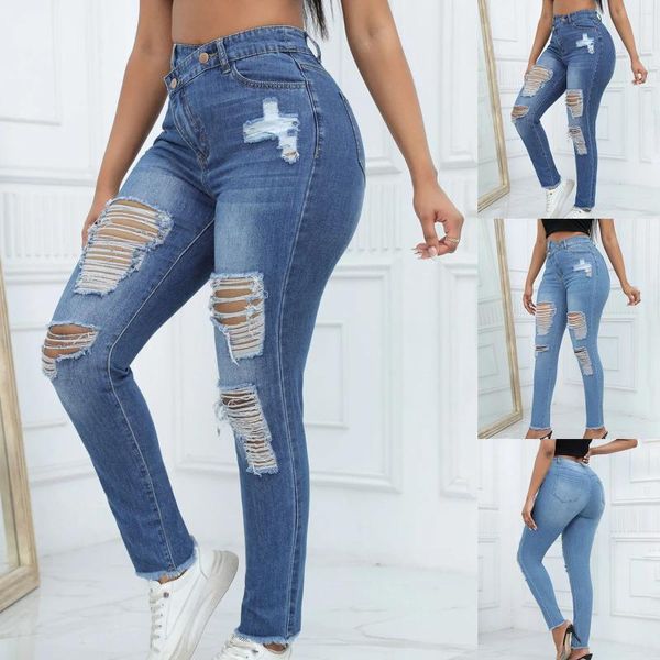 Jeans para mujer Moda para mujer Estiramiento Rasgado Desgastado Flaco Cintura alta Pantalones de mezclilla Pantalones Slim Ladies Primavera Otoño Diario