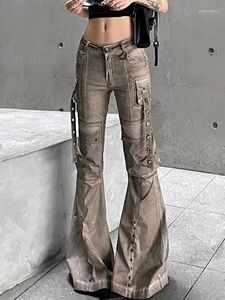 Dames Jeans Vrouwen Flare Met Klinknagel Oogje Lint Denim Broek Y2k Harajuku Cargo Pocket Lichte Bootcut Bell Bottom Punk Gothic Grunge