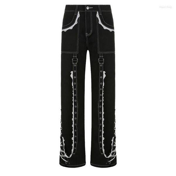 Pantalones vaqueros de mujer gótico negro Cargo Harajuku encaje empalme ojales correa larga vendaje pantalones de pierna recta pantalones vaqueros holgados 10CE