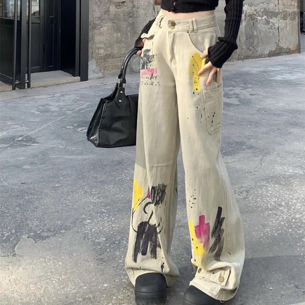 Jeans Femme Femmes Graffiti Imprimer Design Vintage Taille Haute Cool Girl Pantalon Femelle Droite Jambe Large Denim Pantalon Y2K Vêtements 2024