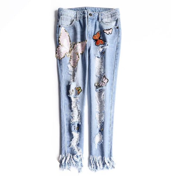 Jeans de mujer Lentejuelas hechas a mano con diamantes Cuentas de cristal Borlas de lujo Agujeros rasgados Apliques bordados Pantalones de mezclilla NZ04