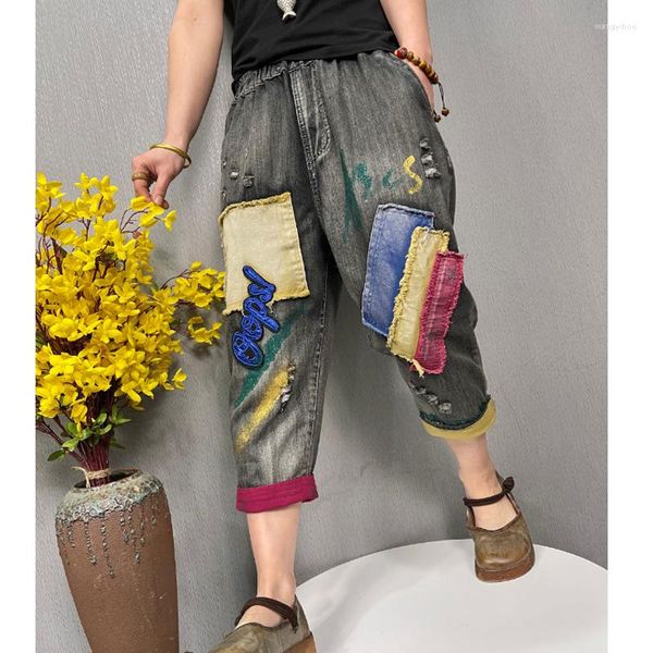 Jeans femme Harem Denim Pantalon Joggers Big Loose Oversize Ripped Holes Distressed Patchwork Femme Mode Printemps Été 0148