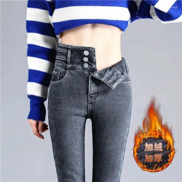 Jeans pour femmes femmes hautes taille ajouter velours vintage 3 boutons mode pantalon de jean mince décontracté 2024