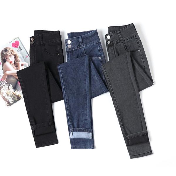 Jeans pour femmes femmes taille haute automne élastique double bouton maigre féminin denim pantalon crayon noir gris bleu