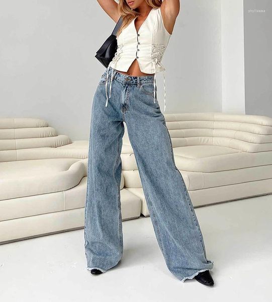Jeans para mujer Mujeres de cintura alta Pantalones de mezclilla holgados Pierna ancha Pantalones rectos Azul Blanco Novios Y2K Streetwear Vintage Fondos sueltos