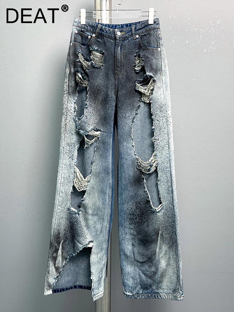 Kvinnors jeans kvinnor höga midja trasiga hål rippade oregelbundna rakt breda ben tie-dye denim byxor 2024 höst mode 29l3406