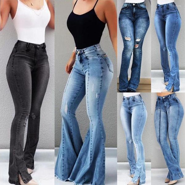 Pantalones vaqueros de cintura alta para mujer, pantalones vaqueros ajustados sólidos acampanados para mujer, vaqueros ajustados de longitud completa de talla grande